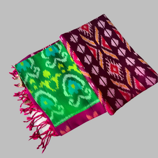 Pure Pochampally Ikkat Silk in Green with Wine border Saree