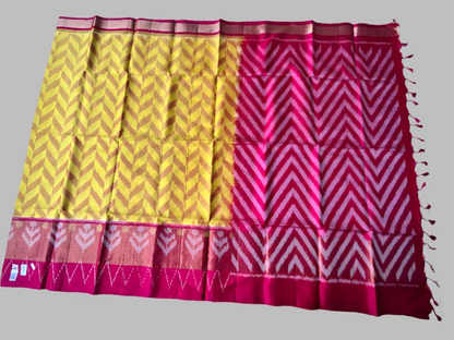 Pure Pochampally Ikkat Silk in Yellow with Magenta border Saree