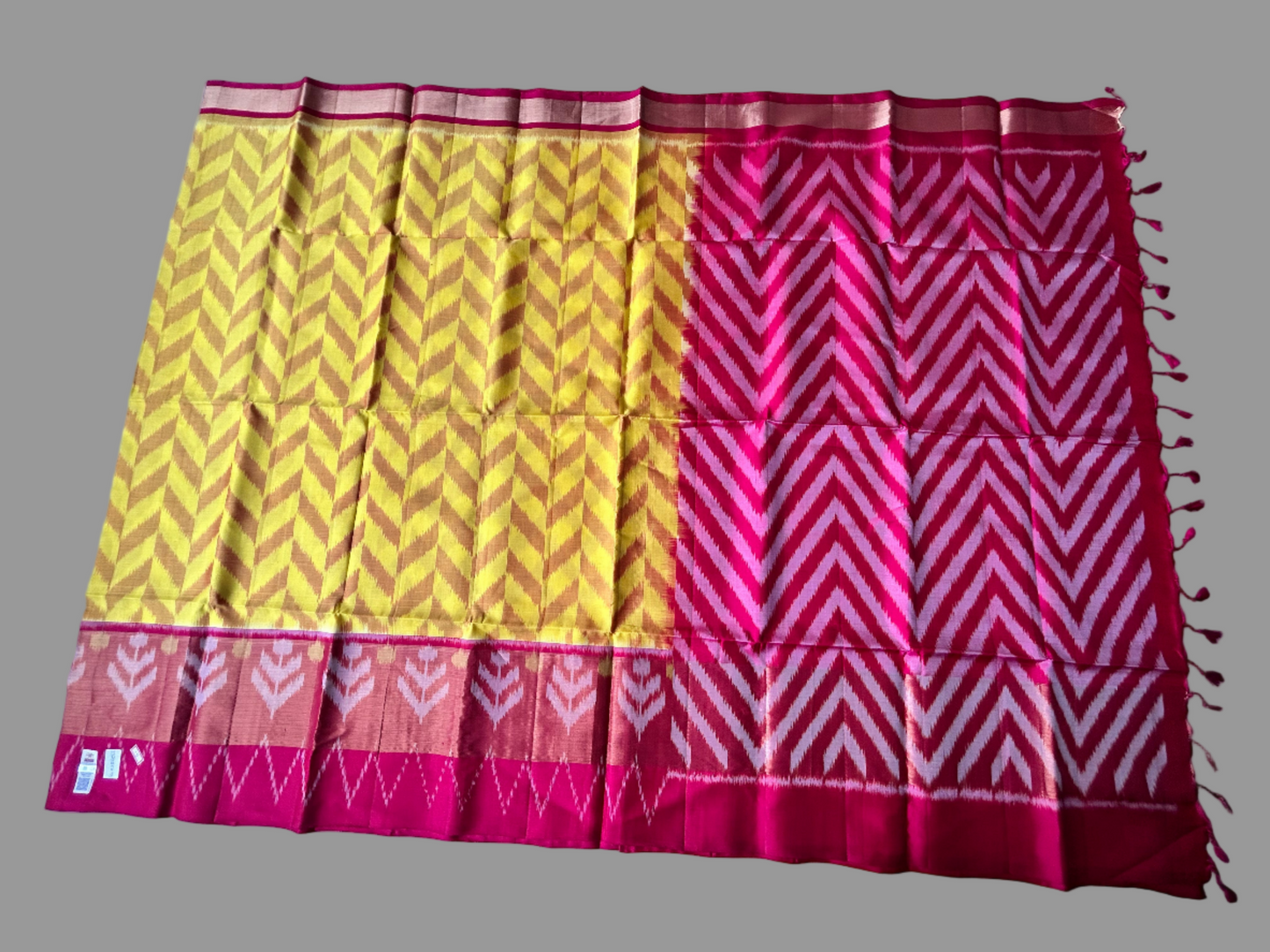 Pure Pochampally Ikkat Silk in Yellow with Magenta border Saree