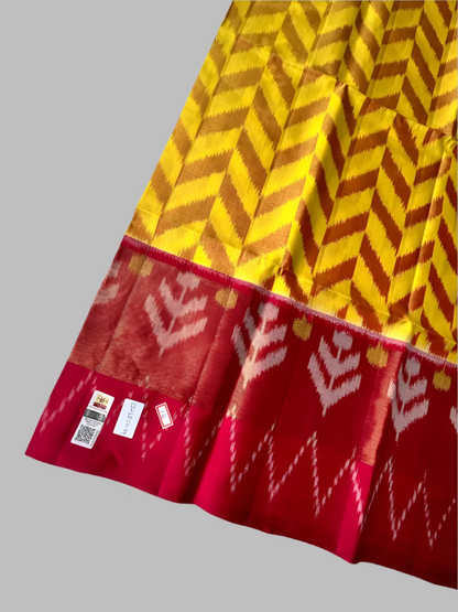 Pure Pochampally Ikkat Silk in Yellow with Magenta border Saree