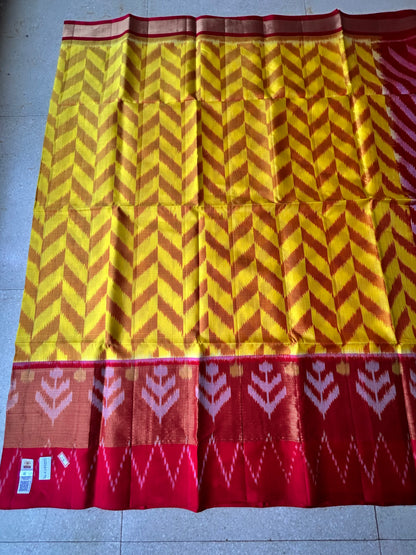 Pure Pochampally Ikkat Silk in Yellow with Magenta border Saree