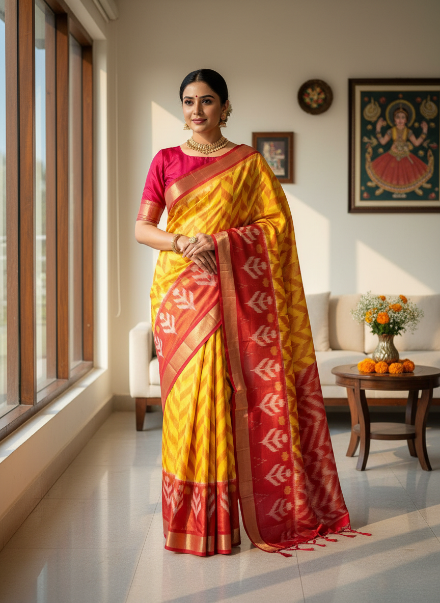 Pure Pochampally Ikkat Silk in Yellow with Magenta border Saree