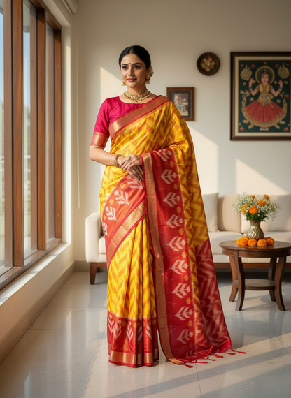 Pure Pochampally Ikkat Silk in Yellow with Magenta border Saree