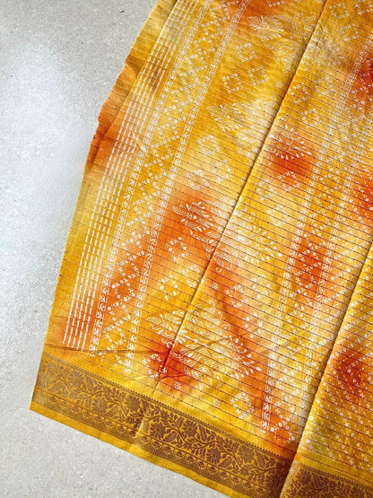 Tussar silk block bright yellow saree