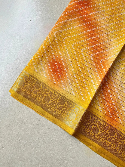 Tussar silk block bright yellow saree