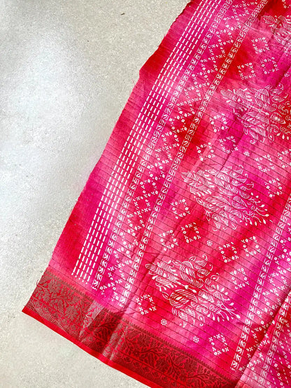 Tussar silk block print rose pink saree