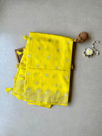 Tussar silk brocade lemon yellow saree