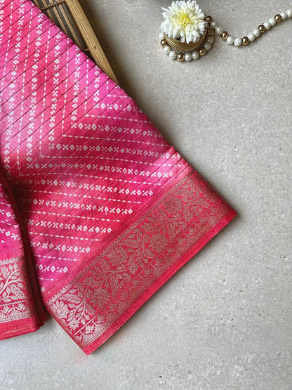 Tussar silk block print rose pink saree
