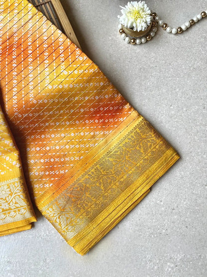 Tussar silk block bright yellow saree