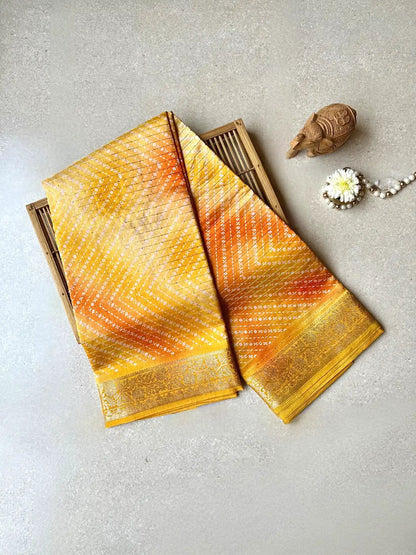 Tussar silk block bright yellow saree