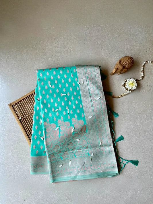 cotton blended brocade mint green saree