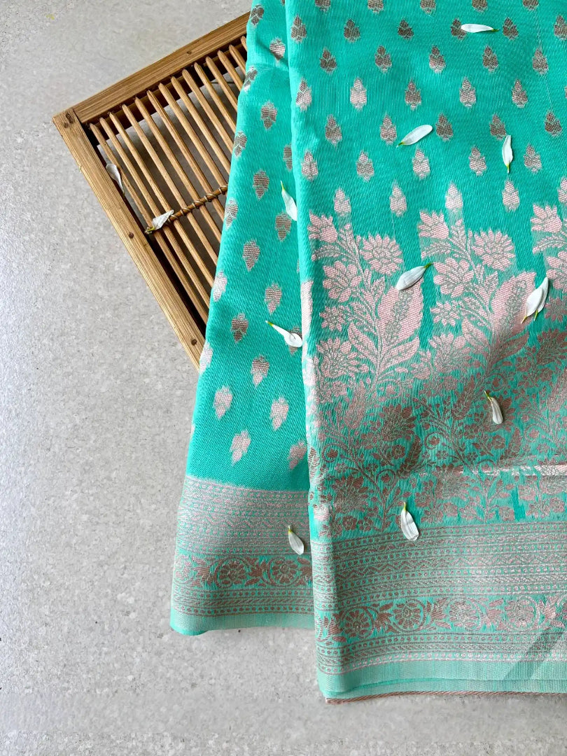 cotton blended brocade mint green saree