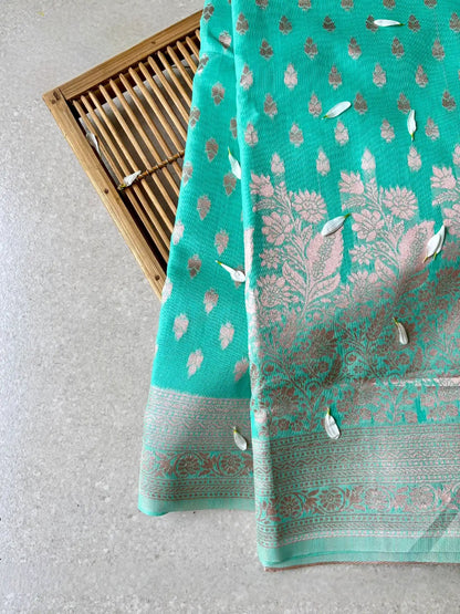 cotton blended brocade mint green saree