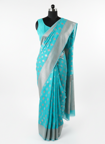Cotton Silk Brocade Sea Blue Saree