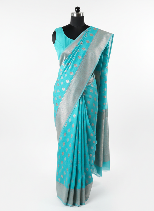 Cotton Silk Brocade Sea Blue Saree