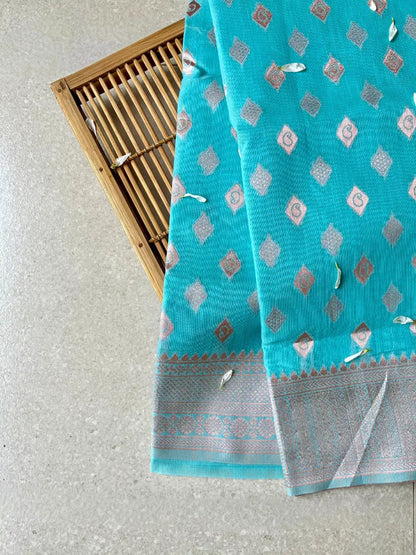 Cotton Silk Brocade Sea Blue Saree