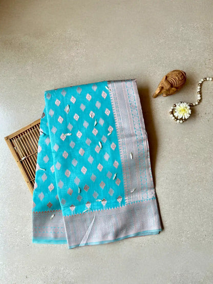 Cotton Silk Brocade Sea Blue Saree