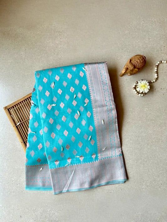 cotton blended brocade aqua blue saree