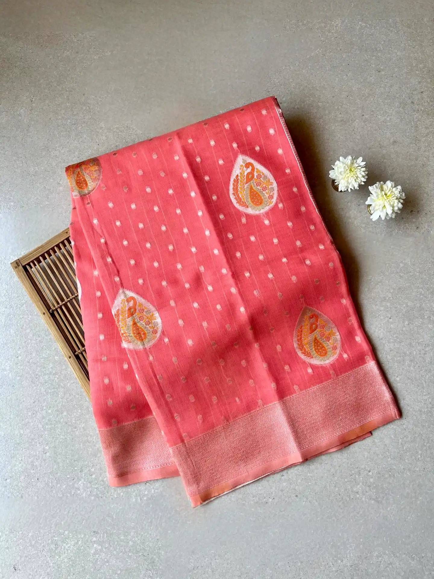 cotton blended brocade peach saree