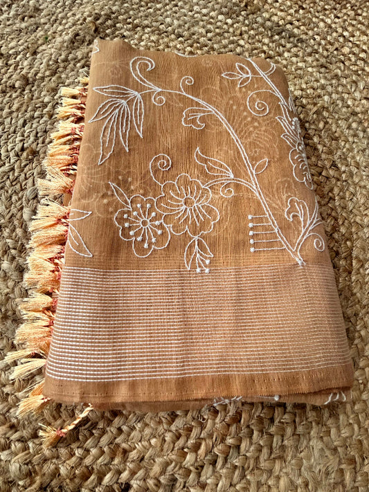 Cotton mix thread embroidery mustard yellow saree