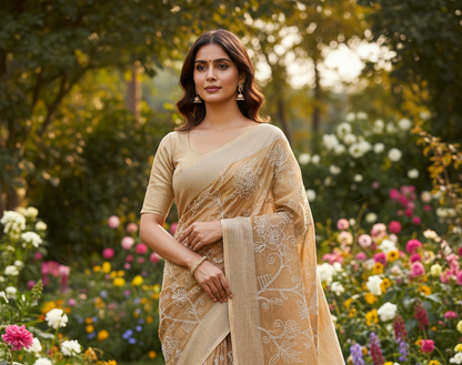 Cotton mix thread embroidery mustard yellow saree