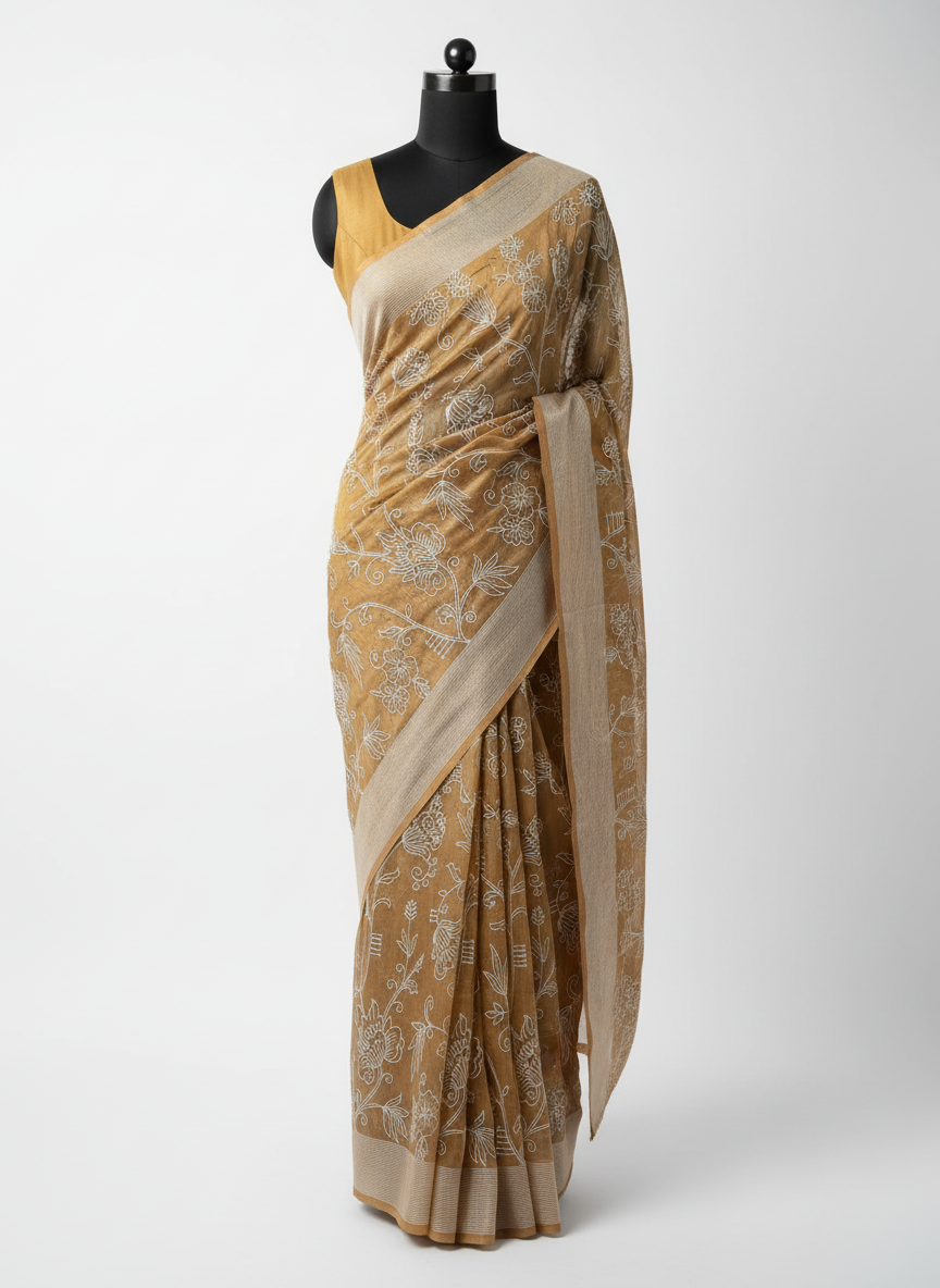Cotton mix thread embroidery mustard yellow saree