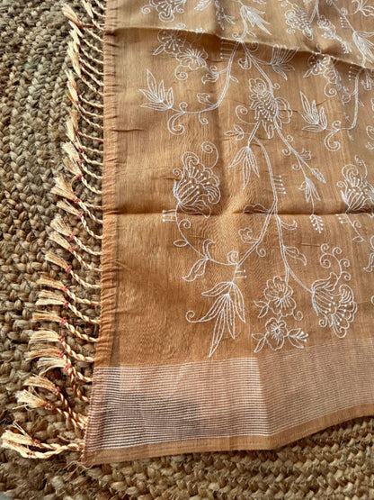 Cotton mix thread embroidery mustard yellow saree