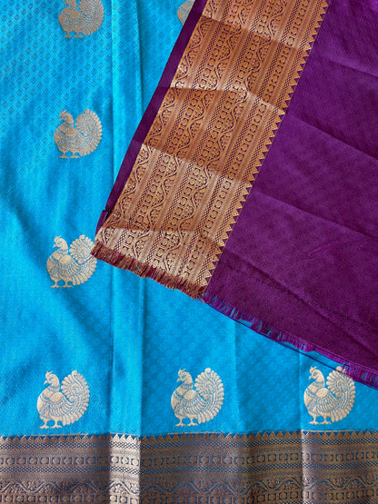 Semi silk brocade blue saree