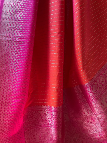 Semi silk coral red magenta border saree