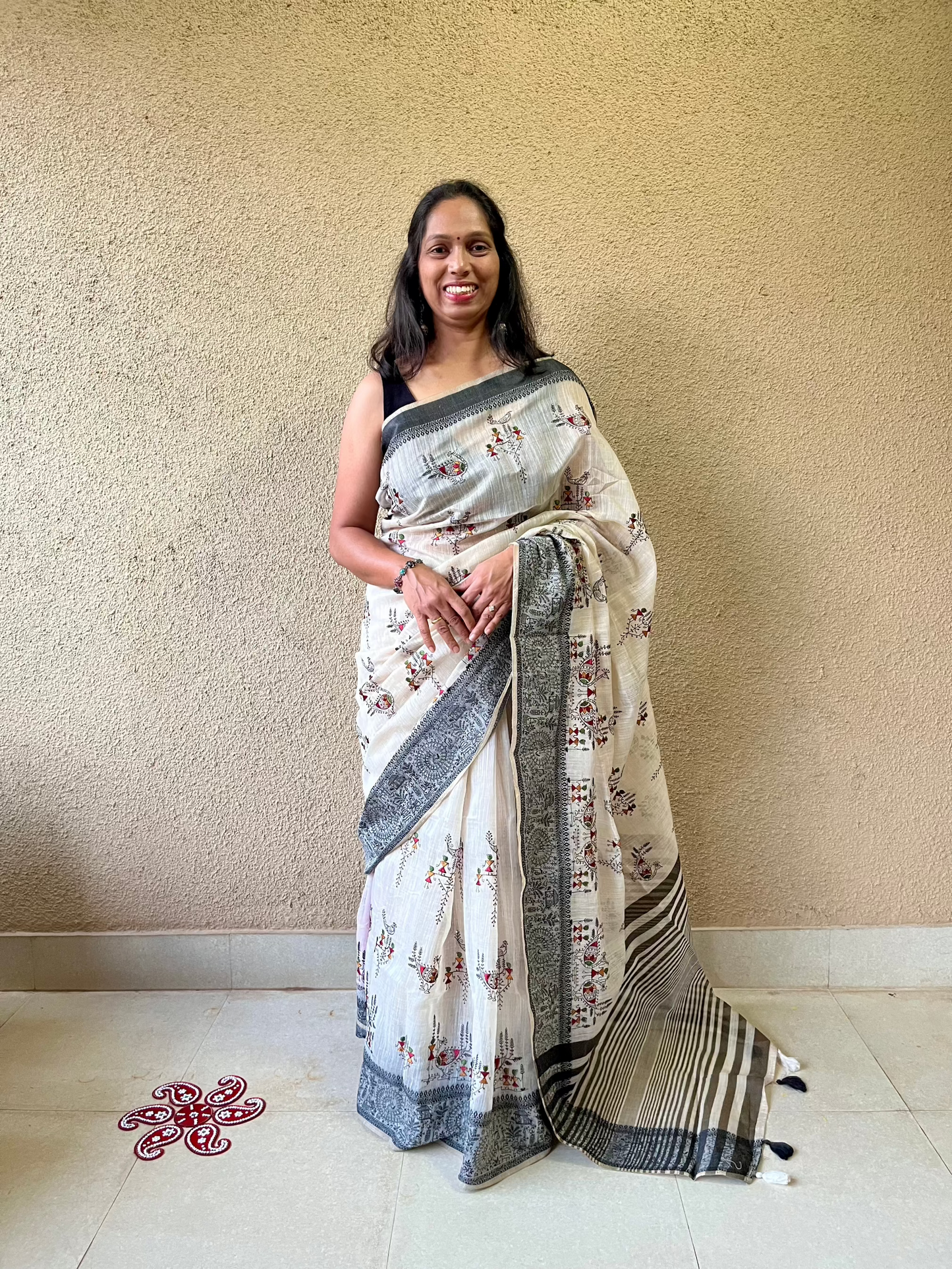 Cotton Mix Beige with black border Warli Embroidery Saree