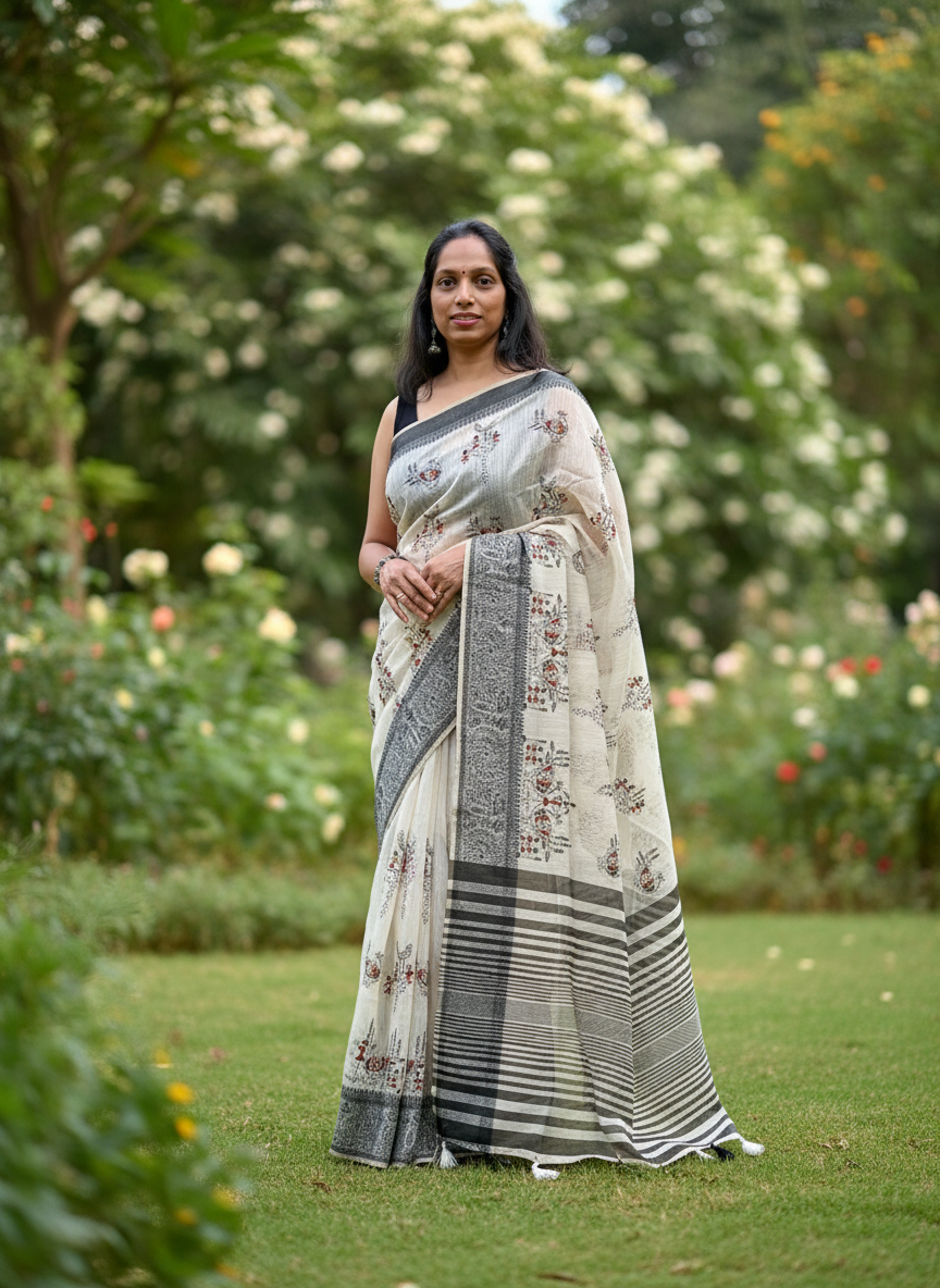 Warli Embroidery in Mul Cotton Mix Saree