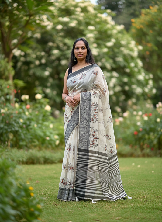 Warli Embroidery in Mul Cotton Mix Saree