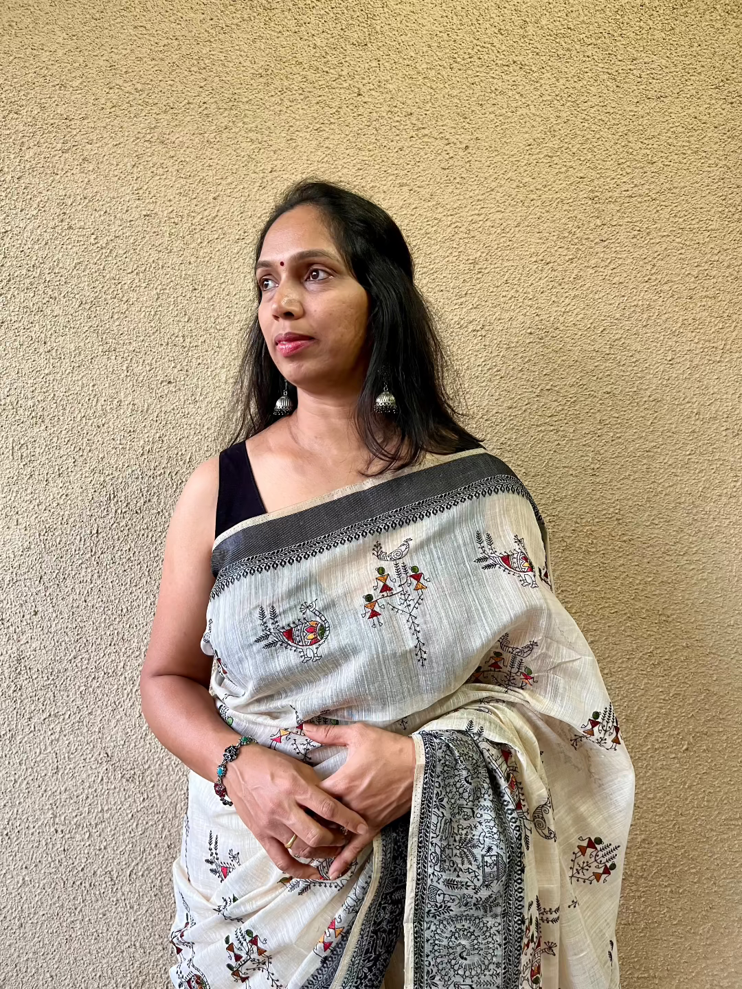 Cotton Mix Beige with black border Warli Embroidery Saree