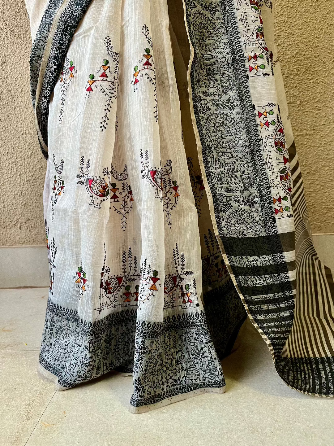 Cotton Mix Beige with black border Warli Embroidery Saree