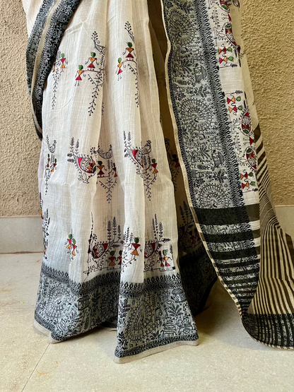 Cotton Mix Beige with black border Warli Embroidery Saree