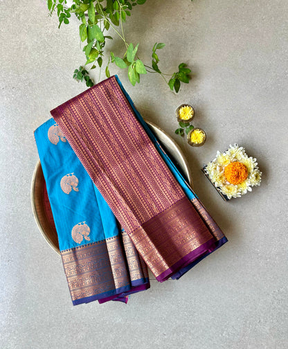 Semi silk brocade blue saree