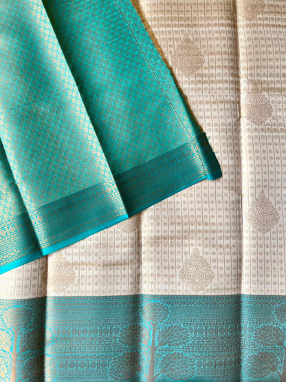 kanchi silk brocade cream blue border saree