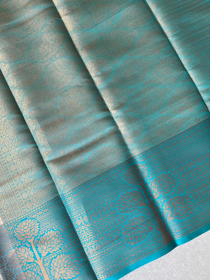 kanchi silk brocade cream blue border saree