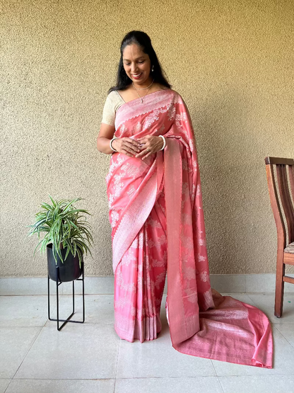 Chiffon silk with Banaras pattern peach saree