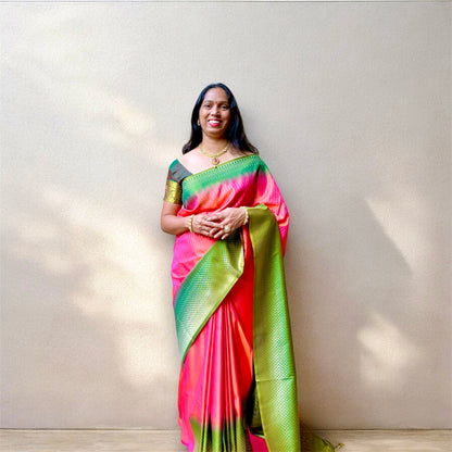 Semi silk peach with green border saree