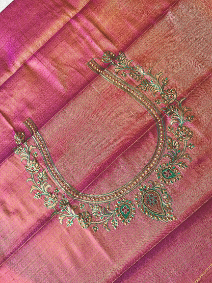Semi silk brocade reddish pink saree