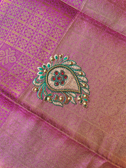Semi silk brocade reddish pink saree