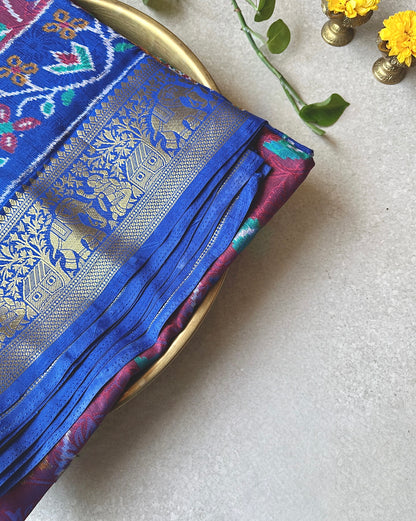 Tussar Silk Patola Print Maron sari
