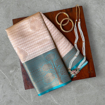 kanchi silk brocade cream blue border saree