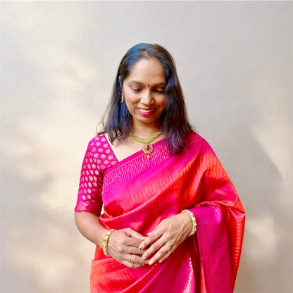 Semi silk coral red magenta border saree