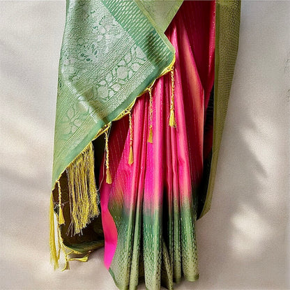Semi silk peach with green border saree