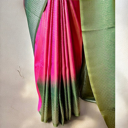 Semi silk peach with green border saree
