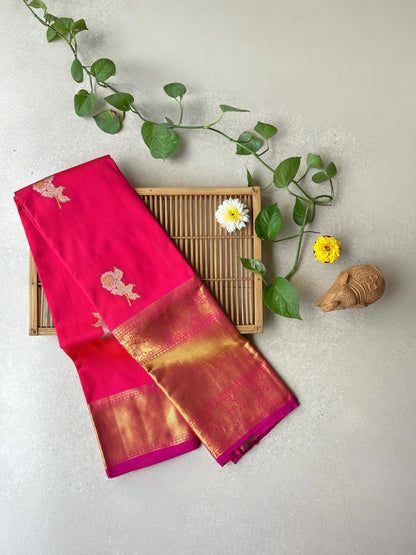 Pure handloom kanjivaram silk reddish pink saree