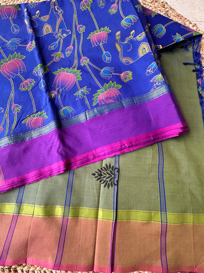 cotton kalamkari print navy blue saree