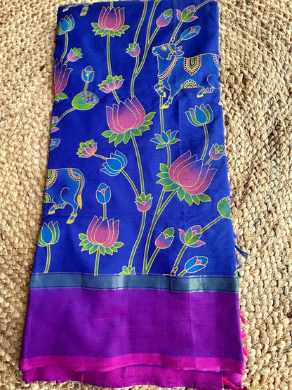 cotton kalamkari print navy blue saree